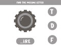 Find missing letter with wheel tire. Spelling worksheet. Royalty Free Stock Photo