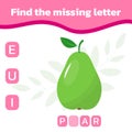 Find the missing letter. Worksheet for education. Mini-game for children. Royalty Free Stock Photo