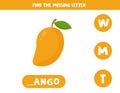 Find missing letter and write it down. Cute cartoon mango fruit.