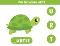 Find missing letter and write it down. Cute cartoon turtle. Royalty Free Stock Photo