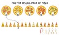 Find the missing piece of pizza. Puzzle Hidden Items. Matching game. Educational game for children