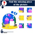 Find missing piece. Puzzle game for children. Funny jellyfish