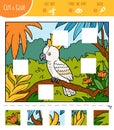 Find the missing pieces, jigsaw puzzle game. Cut and glue squares. Cockatoo parrot and tropical background