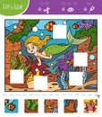 Find the missing pieces, jigsaw puzzle game. Cut and glue squares. Little mermaid and underwater background