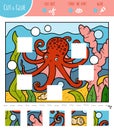 Find the missing pieces, jigsaw puzzle game. Cut and glue squares. Octopus and ocean background