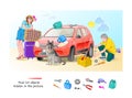 Find 10 objects hidden in the picture. Logic puzzle game for children and adults. Family preparing to travel by car. Educational