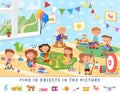 Find 10 objects. Kids game, school activity background. Funny mind exercise, memory training. Hidden object location Royalty Free Stock Photo
