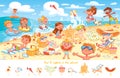 Find 10 objects in the picture. Group of kids having fun on beach