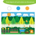 Find objects of same colors, garden game for children in cartoon style, education game for kids, preschool worksheet activity,