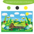 Find objects of same colors, insects game for children in cartoon style, education game for kids, preschool worksheet activity,