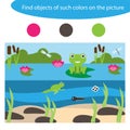 Find objects of same colors, pond life, game for children in cartoon style, education game for kids, preschool worksheet activity