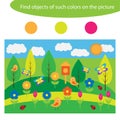 Find objects of same colors, spring game for children in cartoon style, education game for kids, preschool worksheet activity,