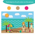 Find objects of same colors, summer game for children in cartoon style, education game for kids, preschool worksheet activity,