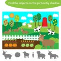 Find the objects by shadow, game for children farm animals and garden cartoon, education game for kids, preschool worksheet Royalty Free Stock Photo