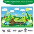 Find the objects by shadow, game with insects for children in cartoon style, education game for kids, preschool worksheet activity