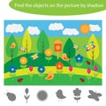 Find the objects by shadow, summer game for children in cartoon style, education game for kids, preschool worksheet activity, task