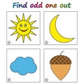 Find odd one out - game for kids. Worksheet.