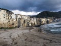 Typical houses on the beach. Cefalu, Sicily, Italy. Royalty Free Stock Photo