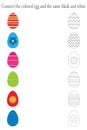 Find pairs of identical colored and black white pictures, fun education game with easter eggs for children, preschool worksheet