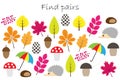 Find pairs of identical pictures, fun education game with autumn theme for children, preschool worksheet activity for kids, task f