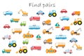 Find pairs of identical pictures, fun education game with different transport for children, preschool worksheet activity for kids