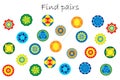 Find pairs of identical pictures, fun education game with mandalas for children, preschool worksheet activity for kids, task for