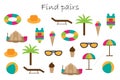 Find pairs of identical pictures, fun education game with summer beach theme for children, preschool worksheet activity for kids,