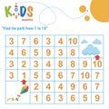 Find the path from 1 to 10. Easy colorful math worksheet practice