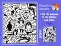 Find penguins and seagulls, color and count. Games for kids. Puzzle game with hidden objects. Funny cartoon characters