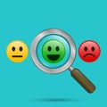 Find positive people concept. Magnifying glass with positive and negative emoticon. Search positive smiley among negative Royalty Free Stock Photo