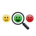 Find positive people concept. Magnifying glass with positive and negative emoticon or smiley. Search positive emoticon among Royalty Free Stock Photo