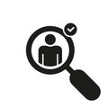 Find Qualify Status Employee Silhouette Icon. Search, Select, Check, Magnify Person Pictogram. Checked Qualify Status of