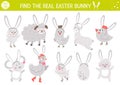 Find real bunny. Easter matching activity for children. Funny spring educational logical quiz worksheet for kids. Simple printable