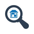 Find a Real Estate Company Icon. Find home Icon. House with magnifying glass icon