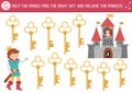 Find the right key to release princess. Fairytale matching activity for children. Magic kingdom education quiz worksheet for kids