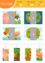 Find the right part. Cut and glue game for children. Color set about insects and birds Royalty Free Stock Photo