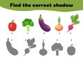 Find the right shade of vegetables and connect them. A simple logic exercise. Vector illustration.