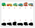 Find the right shadow. city transport, cartoon buses with eyes and a smile, red, yellow and green colors