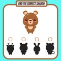 Find the right shadow. Cute cartoon bear. Educational game with animals. Logic games for children with an answer. A Royalty Free Stock Photo