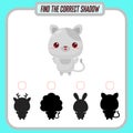 Find the right shadow. Cute cartoon cat. Educational game with animals. Logic games for children with an answer. A Royalty Free Stock Photo