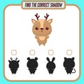 Find the right shadow. Cute cartoon deer. Educational game with animals. Logic games for children with an answer. A Royalty Free Stock Photo