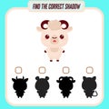 Find the right shadow. Cute cartoon lamb. Educational game with animals. Logic games for children with an answer. A Royalty Free Stock Photo