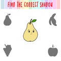 Find the right shadow. Cute cartoon pear. Educational game with fruits. Logic games for children with an answer. A training card