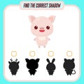 Find the right shadow. Cute cartoon pig. Educational game with animals. Logic games for children with an answer. A Royalty Free Stock Photo