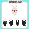 Find the right shadow. Cute cartoon rabbit. Educational game with animals. Logic games for children with an answer. A Royalty Free Stock Photo