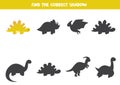 Find the right shadow of cute cartoon stegosaurus. Royalty Free Stock Photo