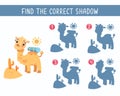 Find the right shadow. Game for children. Activity, vector children illustration. Cute flat stylised cartoon camel in