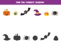 Find right shadow of Halloween elements. Game for kids. Royalty Free Stock Photo