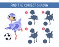 Find the right shadow. Puzzle game for kids. Cute ostrich playing football. Vector cartoon illustration. Funny character Royalty Free Stock Photo