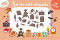 Find the right silhouette, shadow. Puzzle game for kids. Large set of objects for detective adventures. Cute cartoon Royalty Free Stock Photo